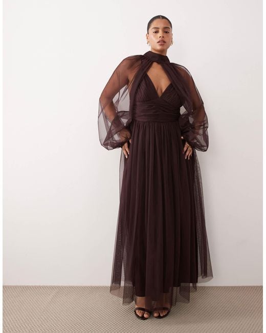 Lace & Beads Plus Removable Sleeve Tulle Maxi Dress in Brown | Lyst