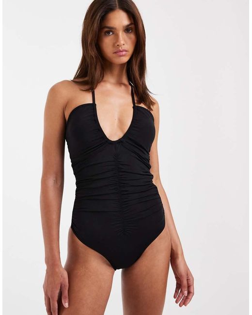 Vero Moda White Plunge Front Halter Neck Ruched Detail Swimsuit