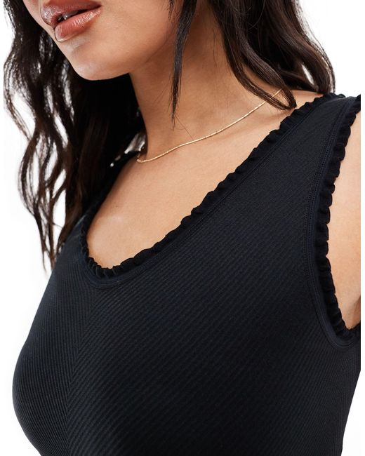 ASOS Black Jilly Ribbed V Neck Crop With Ruffle Trim