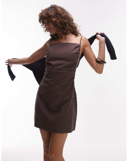 TOPSHOP Brown Ruched Broderie Mini Dress