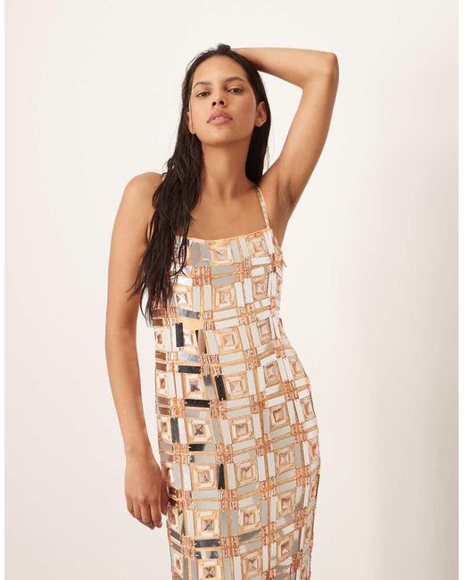 Vestido Midi De Corte Recto Y Tirantes Con Patrón Geométrico Con Abalorios De ARRANGE de color Natural