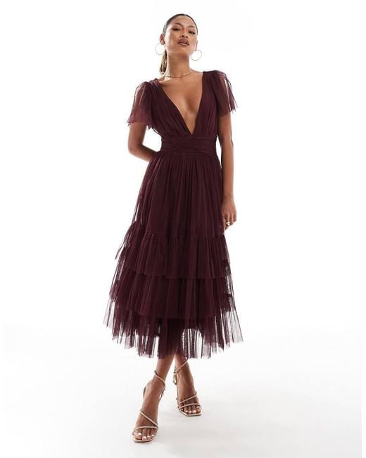 LACE & BEADS Red Bridesmaid Madison V Neck Tulle Midi Dress
