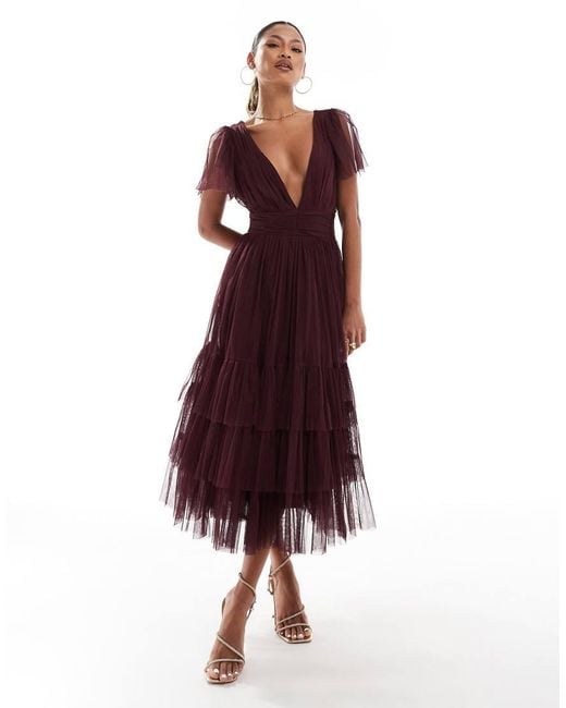 LACE & BEADS Red Bridesmaid Madison V Neck Tulle Midi Dress