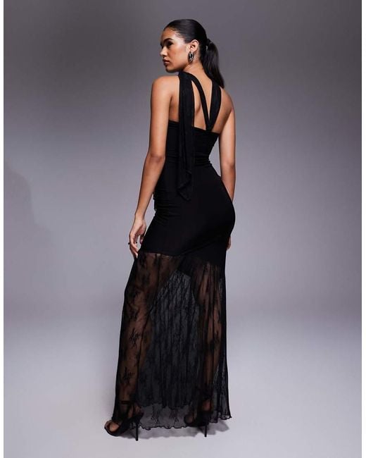 Fashionkilla Blue Exclusive Double Sculpted Slinky Bandeau Sheer Lace Hem Scarf Detail Maxi Dress