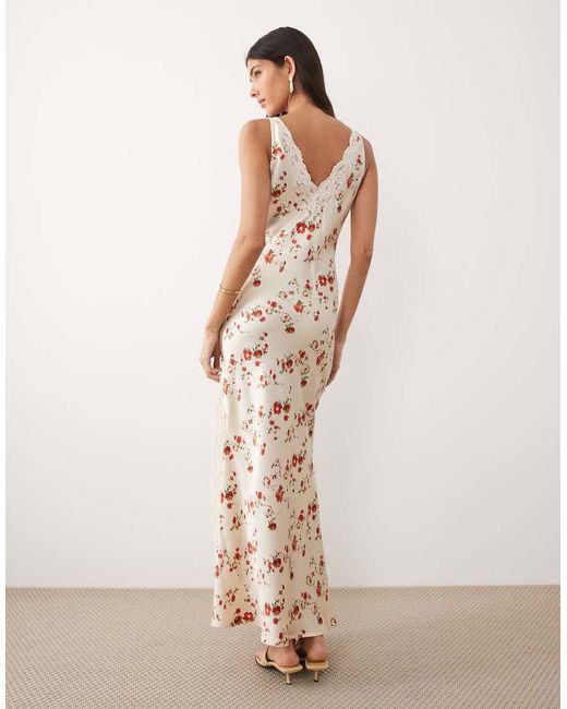 ASOS Natural V Neck Lace Matte Satin Maxi Dress
