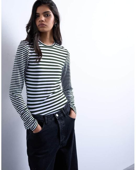 Top De Manga Larga Con Diseño De Rayas En Contraste De -Verde TOPSHOP de color Blue