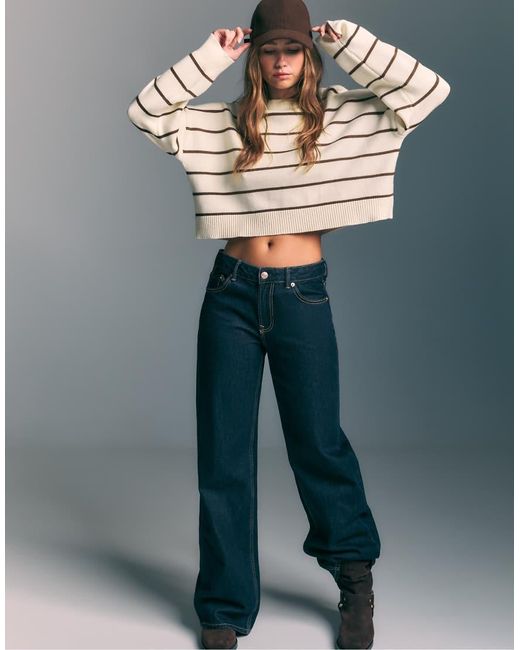 Stradivarius Gray Striped Cropped Knit Sweater