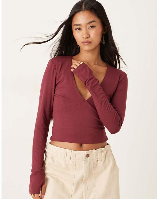 Gina Tricot Red Long Sleeve V Neck Top
