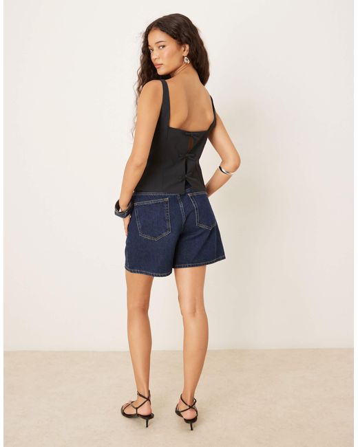 Mango Blue Square Neck Bow Back Top