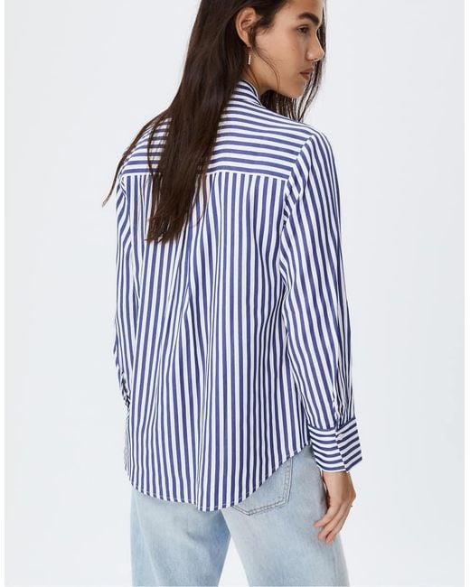 Stradivarius Basic Gestreept Poplin Overhemd Met Zak in het Blue