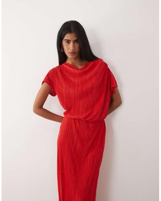 ASOS Red Plisse Draped Waist Midi Dress