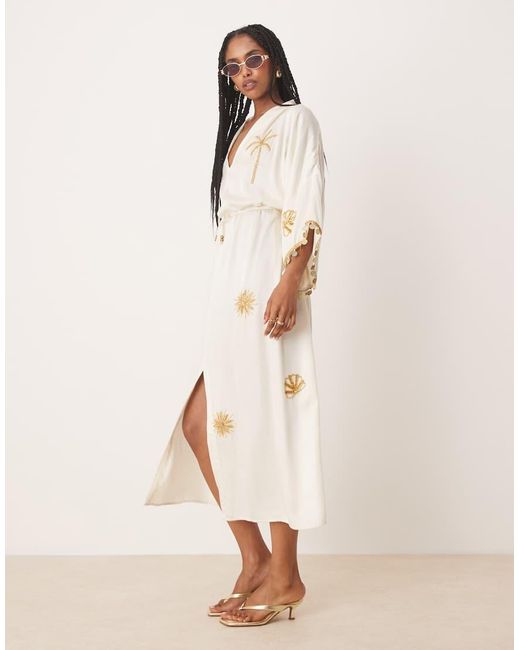 Hope & Ivy Natural Embellished Tie Waist Kimono Wrap Midi Dress
