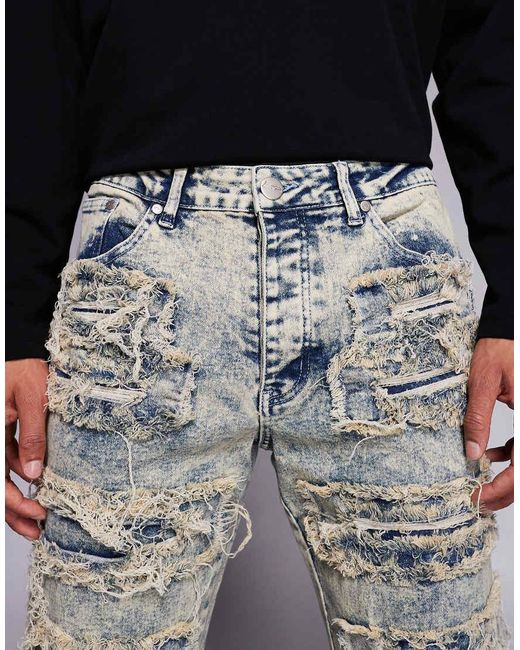Liquor N Poker Blue Relaxed Stacked Rip Repair Denim Jeans for men