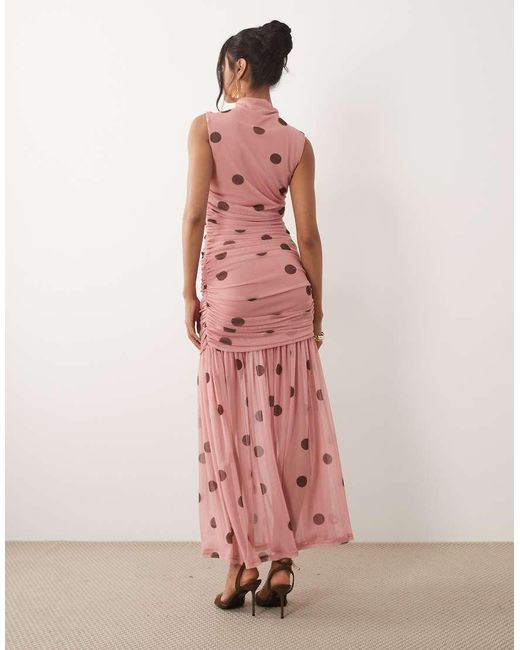 ASOS Pink Printed Polka Dot Ruched Drop Waist Circle Dress With Grown