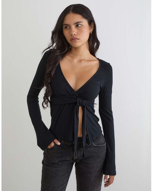 Motel Black Lamae Wrap Detail Long Sleeve Top