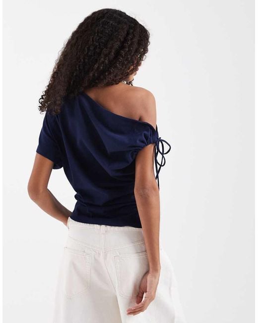 ASOS Blue Ruched Sleeve Fallen Shoulder Waisted Tee