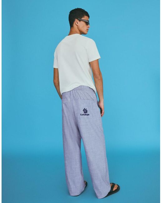 Bershka Blue Embroidered baggy Trousers for men