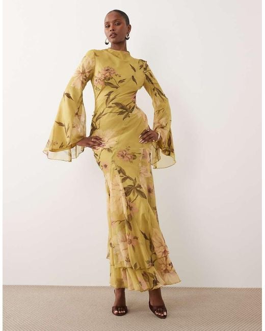 ASOS Metallic Long Sleeve High Neck Maxi Dress With Ruffle Godets And Flute Sleeves