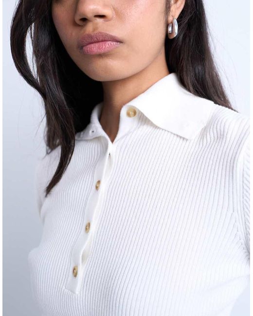 TOPSHOP White Knitted Rib Collar Polo