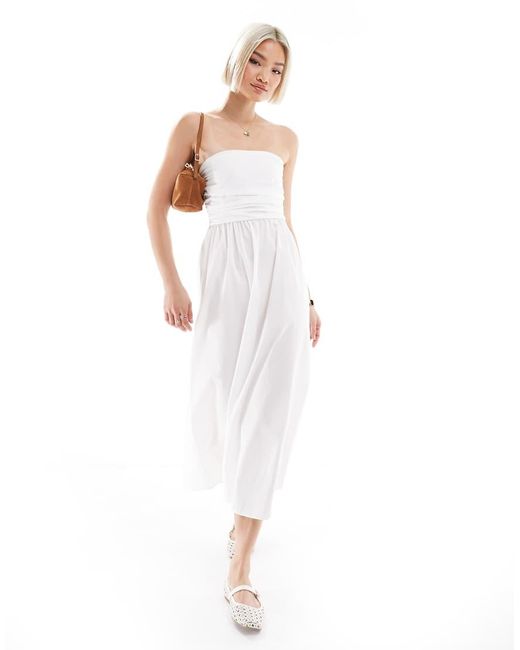 Pull&Bear White Poplin Ruched Detail Bandeau Midaxi Dress