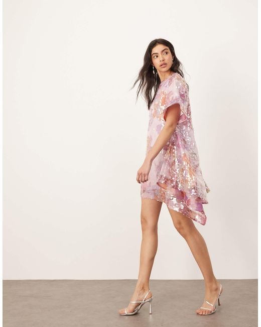 ARRANGE Pink – asymmetrisch und trapezförmig geschnittenes minikleid mit blumenmuster und pailletten