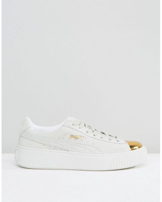 PUMA Suede Platform Trainers In White With Gold Toe Cap | Lyst