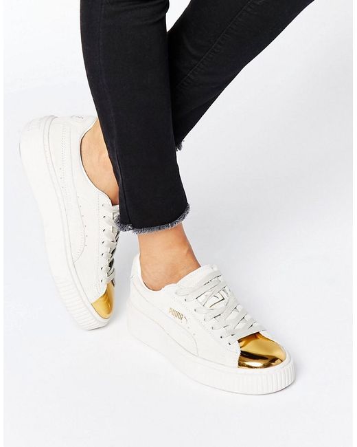 PUMA Suede Platform Trainers In White With Gold Toe Cap