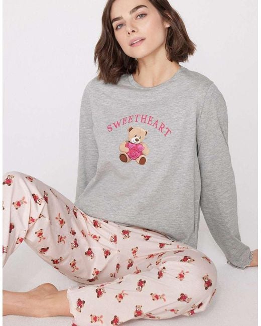 Tezenis Gray Teddy Bear Print Cotton Long Pyjamas