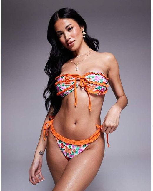 The Frolic Multicolor Exclusive Orange Trim Frill Detail Tie Side Bikini Bottom Co-ord