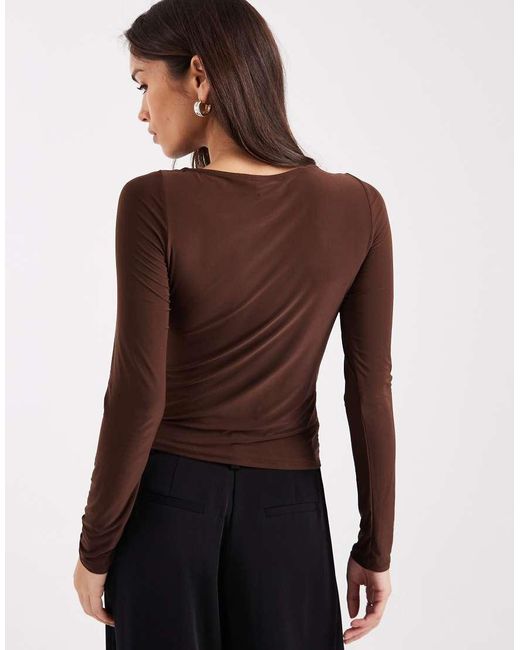 ASOS Brown Slinky Long Sleeve Top With Ruched Boat Neck