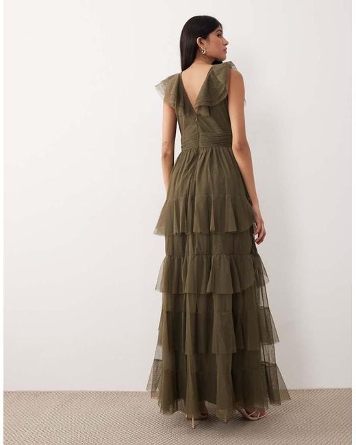 LACE & BEADS Natural Tulle Flutter Sleeve Tiered Frill Maxi Dress