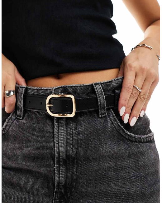Pieces Black Leather Look Chunky Gold Buckle Belt