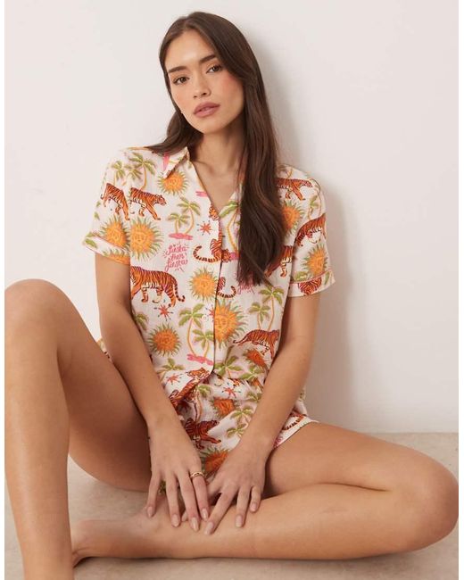 Chelsea Peers Brown Fiesta Siesta All Over Print V-neck Button Up Short Nightwear Set
