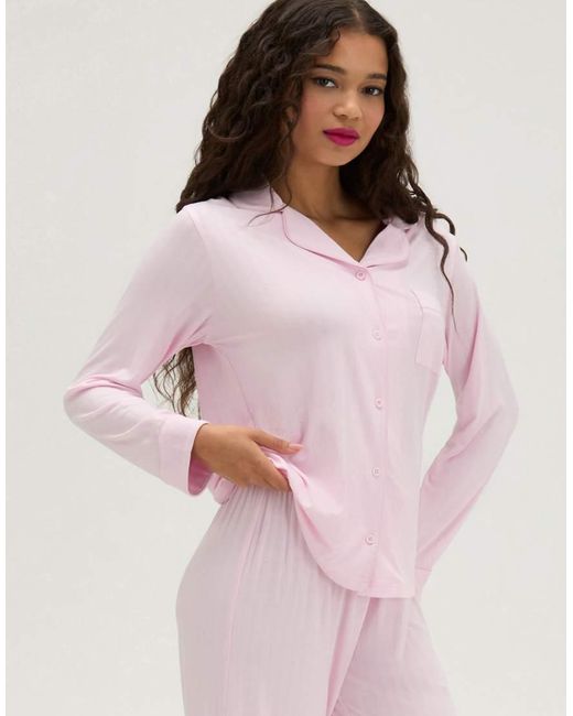 Boux Avenue Pink Ribbed Modal Long Pyjama Set With Wide Leg Trousers