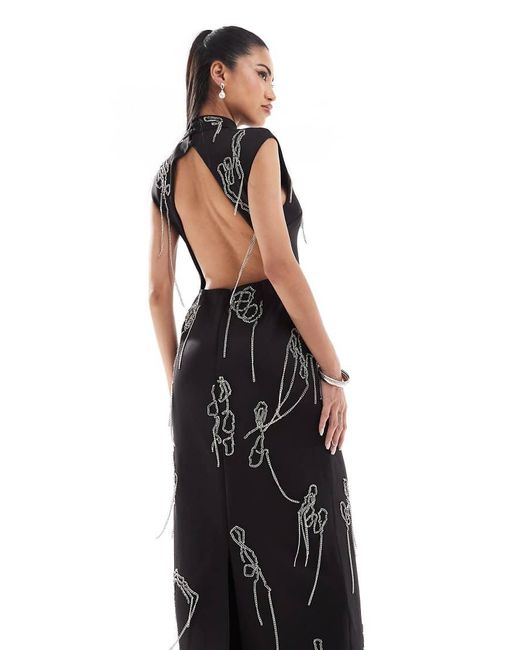 ASOS Blue High Neck Structured Maxi Dress With Scattered Chain Embellishment