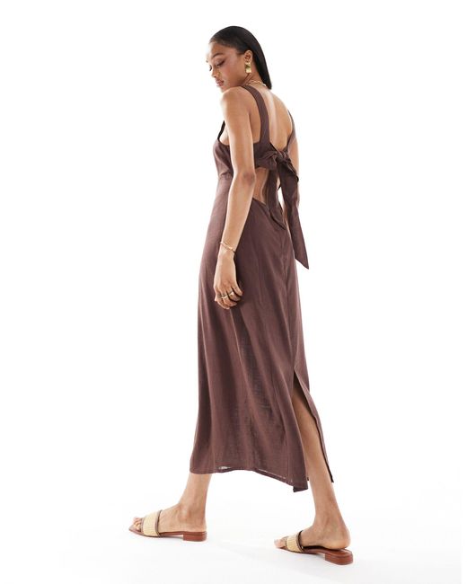 Asos design tall - robe d'été mi-longue en lin avec encolure carrée et liens au dos - chocolat ASOS en coloris Brown