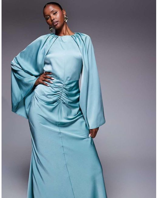 ASOS Blue Satin Long Sleeve Maxi Dress With Central Ruched Skirt