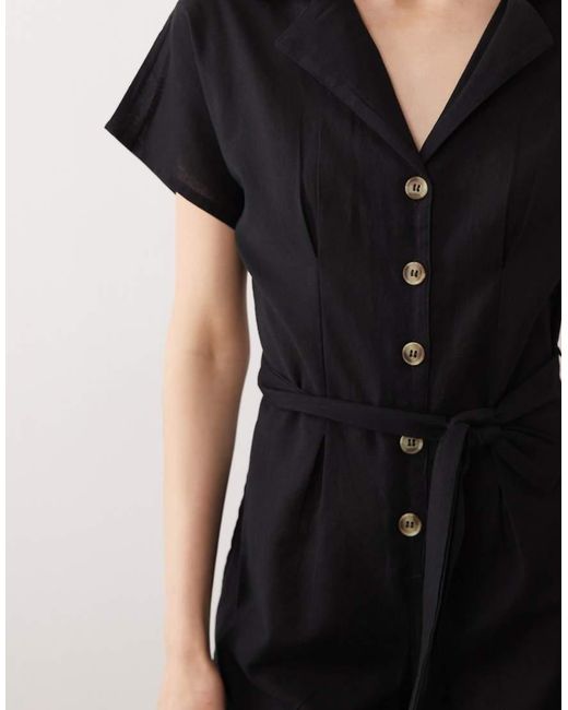 Wednesday's Girl Black Button Tie Linen Playsuit