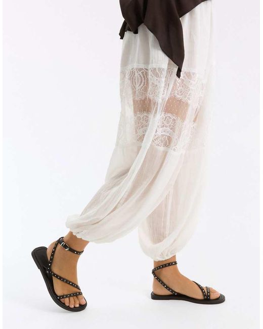 Bershka Brown Multi-strap Studded Flat Slider Sandals