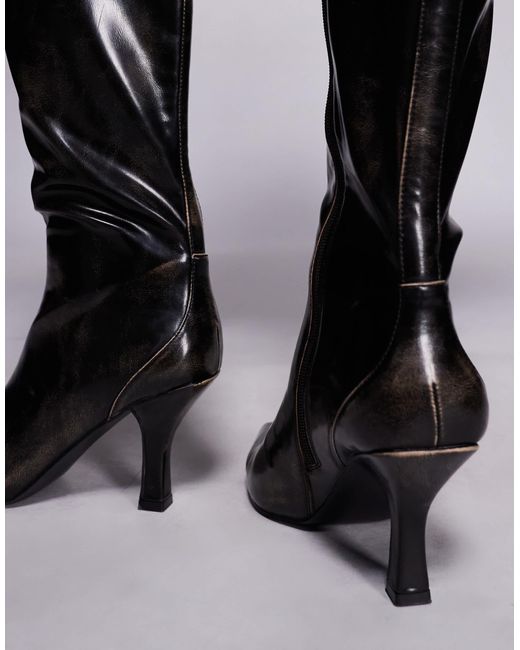Public Desire Black Levitate Pointed Toe Knee Boots With Vintage Heels