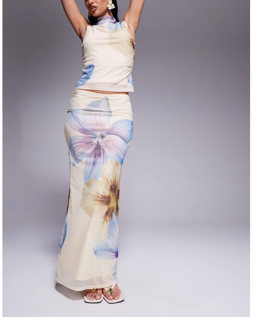 Jupe d'ensemble longue à taille basse en tulle imprimé fleuri - babeurre ASOS en coloris Yellow