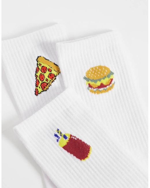 Jack & Jones White 3 Pack Crew Socks With Food Icons for men