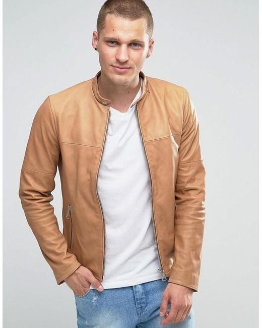 Replay Brown Leather Biker Jacket In Tan for men