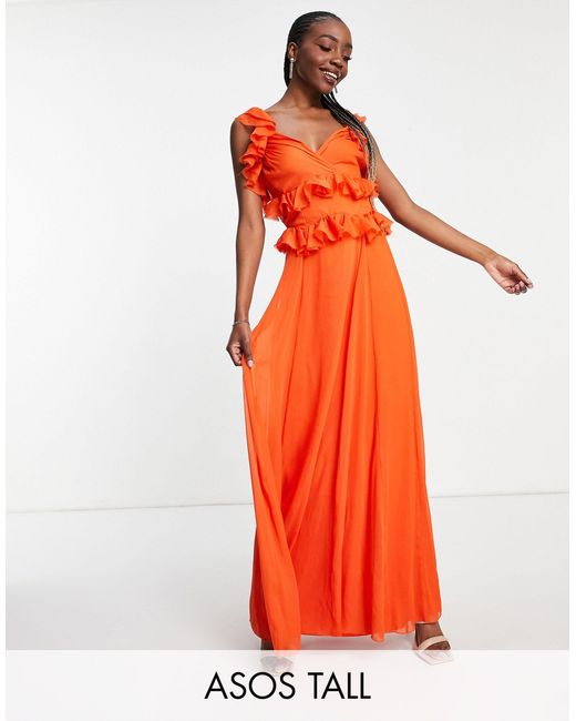 Vestido largo escalonado con volantes y espalda anudada ASOS de color Orange