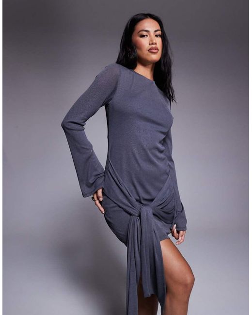 ASOS Blue Fluted Sleeve Tie Waist Mini Dress Charcoal