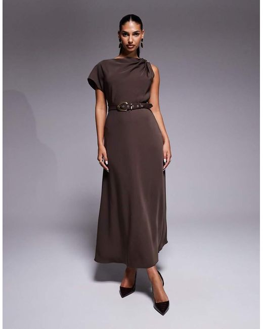 Forever New Brown Button Shoulder Drape Belted Midaxi Dress