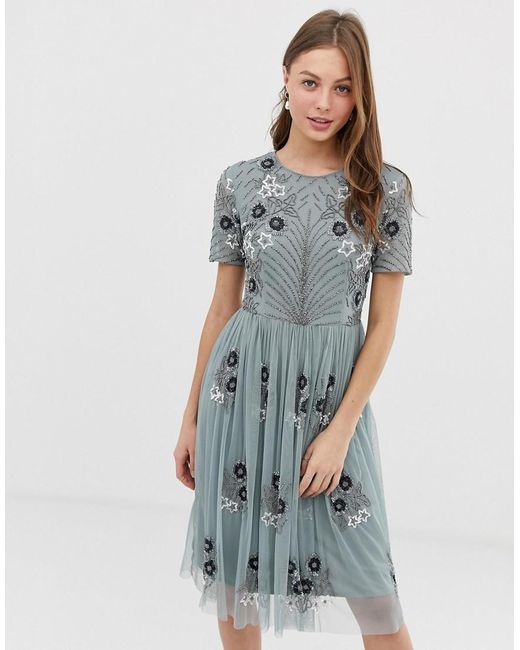 LACE & BEADS Gray Scatter Embellished Tulle Midi Dress In Teal Grey