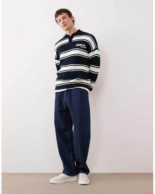 ASOS Blue Relaxed Knitted Long Sleeve Polo With Chest Embroidery for men
