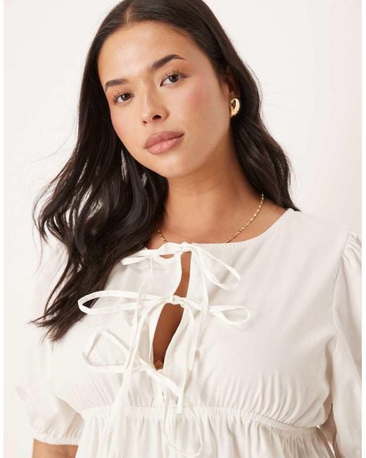 Esmee Curve White Exclusive Puff Sleeve Tie Front Mini Beach Dress
