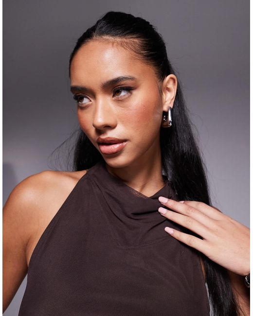 ASOS Brown Mesh Layered Twist Detail Halter Top With Tie Back Neck